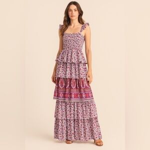 Anthropologie Abel The Label XS Floral Boho Maxi Dress Smocked Tiered Ruffle